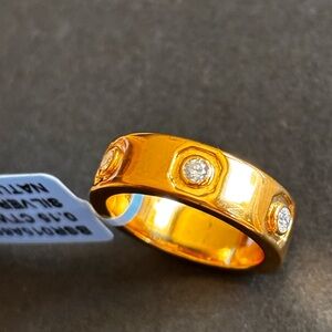 Gold Band Ring with Three Accent Natural Diamond Stones - Unisex